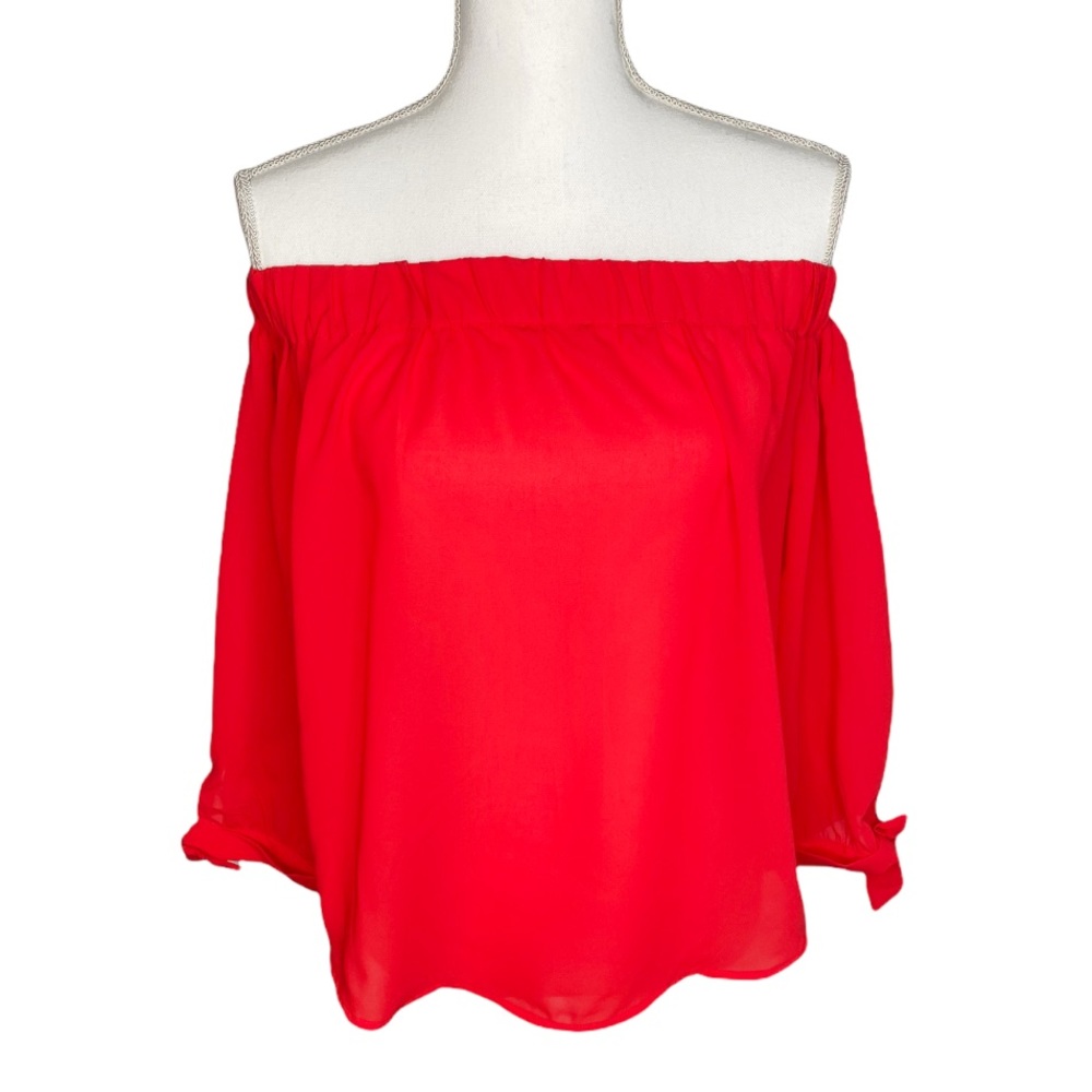 Red Japna Off-Shoulder Sheer Bardot Top Tie Knot Glam Hollywood Monroe Retro